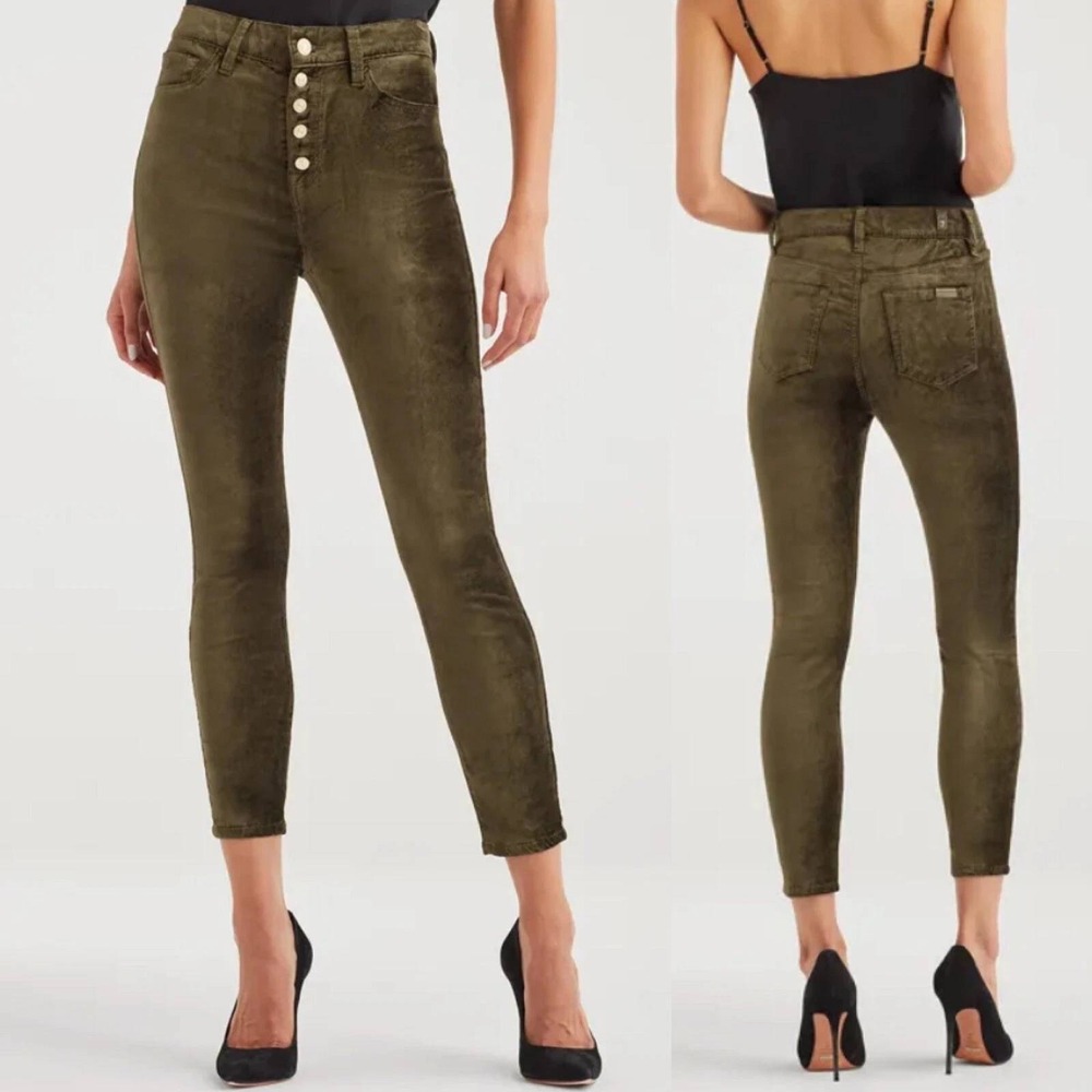 7 For All Mankind Women High Waist Ankle Skinny Olive Green Velvet Jeans Size 26